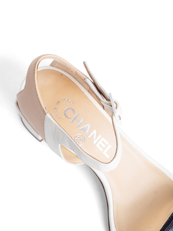 Top Quality Chanel Leather CC Logo Block Heel Ankle Strap Sandals Ivory Tan Black