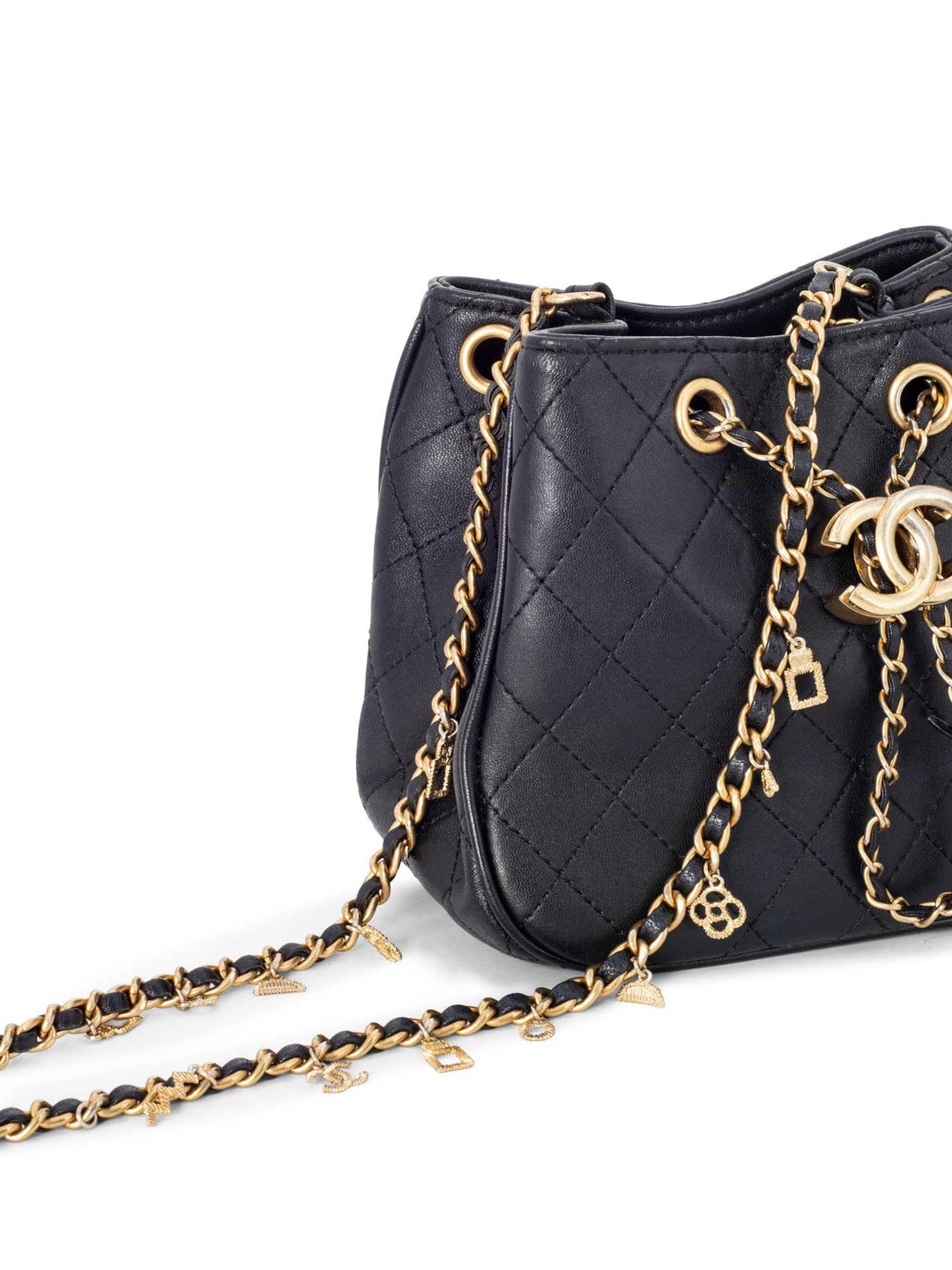 Top Quality Chanel Leather Small Egyptian Amulet Drawstring Bucket Bag Black