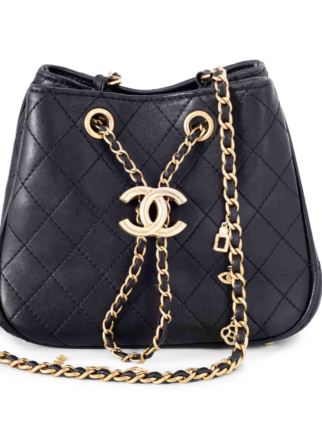 Top Quality Chanel Leather Small Egyptian Amulet Drawstring Bucket Bag Black