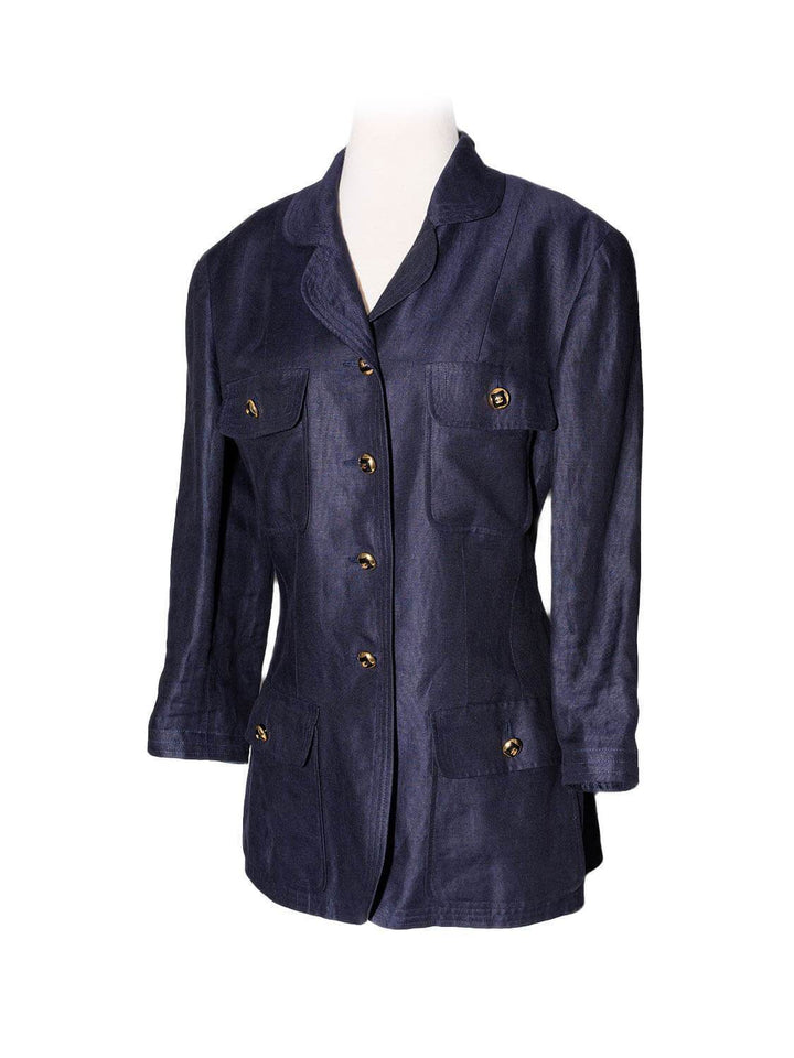 Top Quality Chanel Linen CC Logo Fitted Jacket Blue