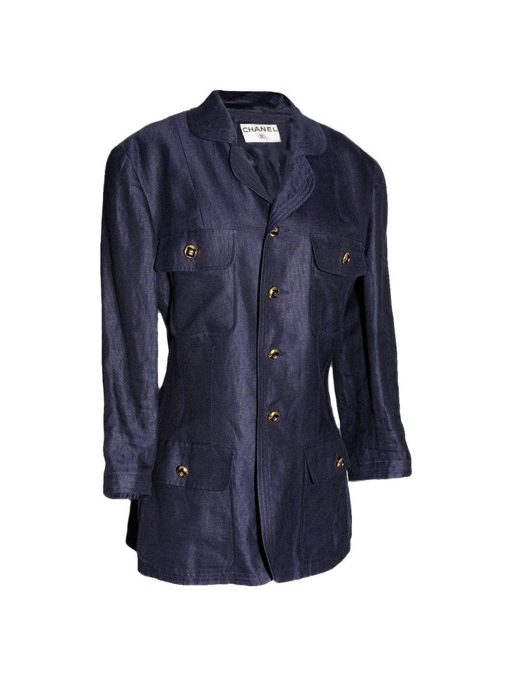 Top Quality Chanel Linen CC Logo Fitted Jacket Blue