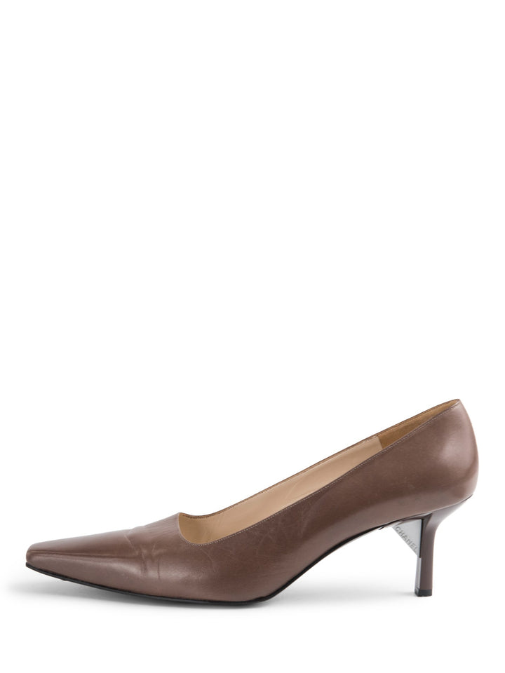 Top Quality Chanel Logo Leather Pointy Toe Kitten Heels Shoes Brown