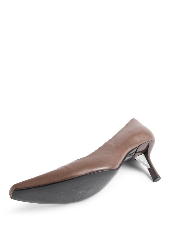 Top Quality Chanel Logo Leather Pointy Toe Kitten Heels Shoes Brown