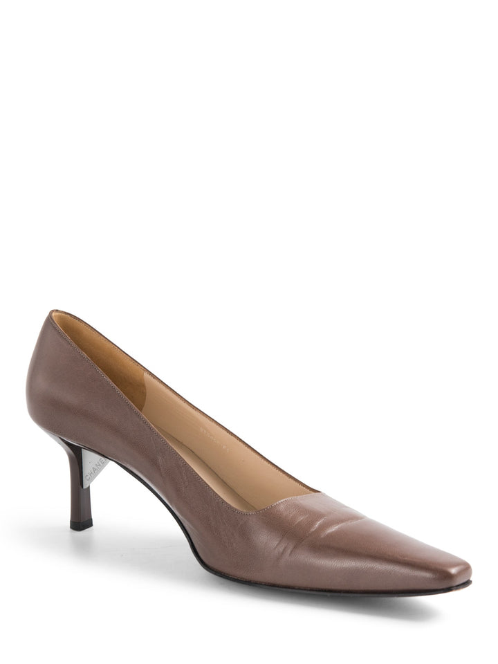 Top Quality Chanel Logo Leather Pointy Toe Kitten Heels Shoes Brown