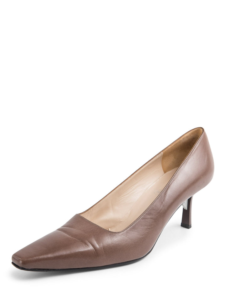 Top Quality Chanel Logo Leather Pointy Toe Kitten Heels Shoes Brown