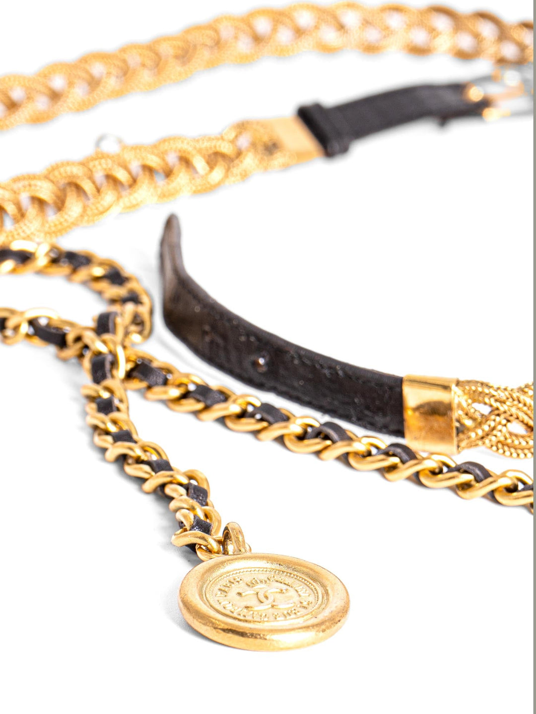 Top Quality Chanel Medallion 24K Gold Multi-Chain Leather Belt Black