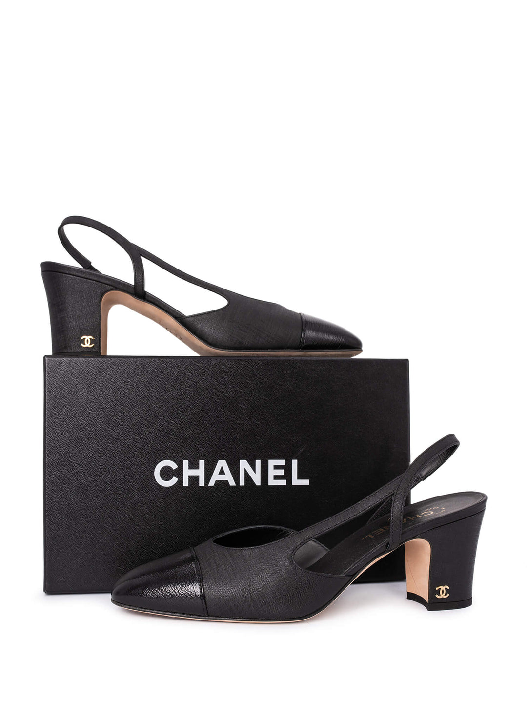 Top Quality Chanel Patent Leather CC Logo Cap Toe Sling Back Pumps Black