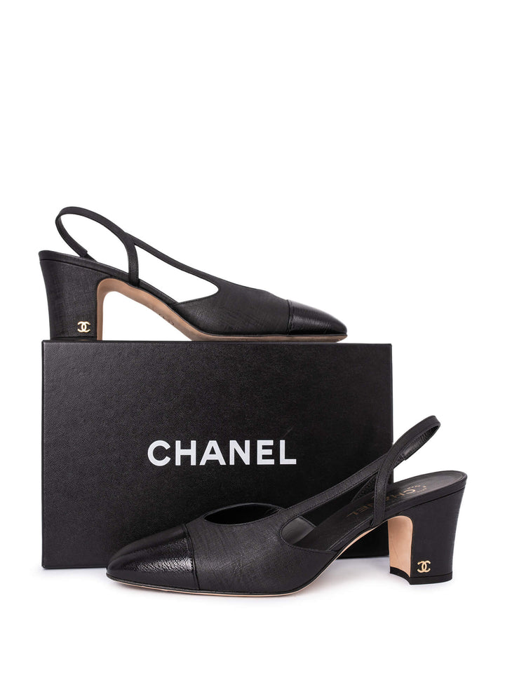 Top Quality Chanel Patent Leather CC Logo Cap Toe Sling Back Pumps Black