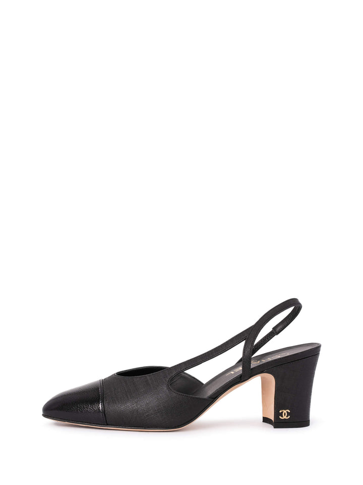 Top Quality Chanel Patent Leather CC Logo Cap Toe Sling Back Pumps Black
