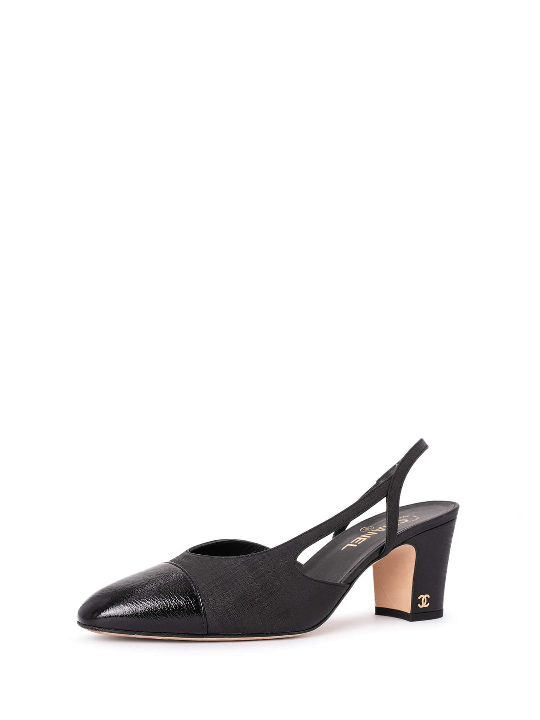 Top Quality Chanel Patent Leather CC Logo Cap Toe Sling Back Pumps Black
