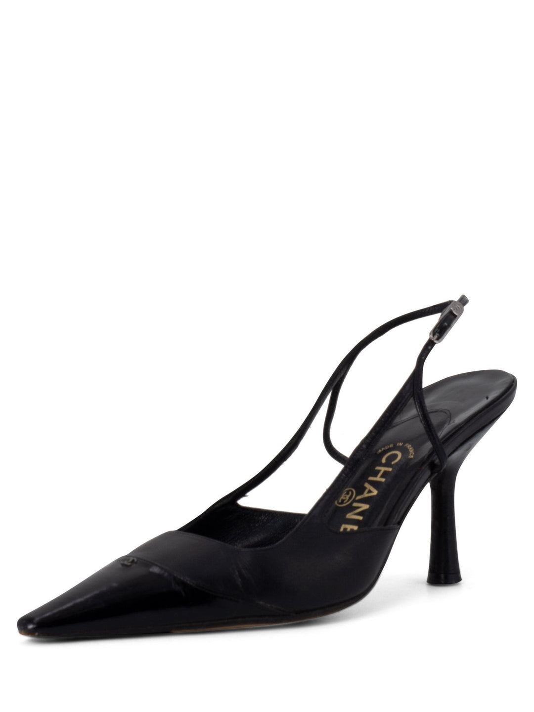 Top Quality Chanel Patent Leather CC Logo Cap Toe Sling Back Shoes Black