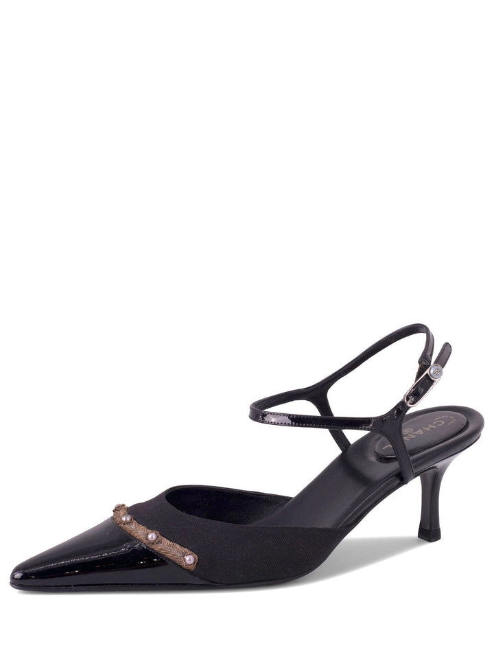 Top Quality Chanel Patent Leather CC Logo Cap Toe Sling Back Shoes Black