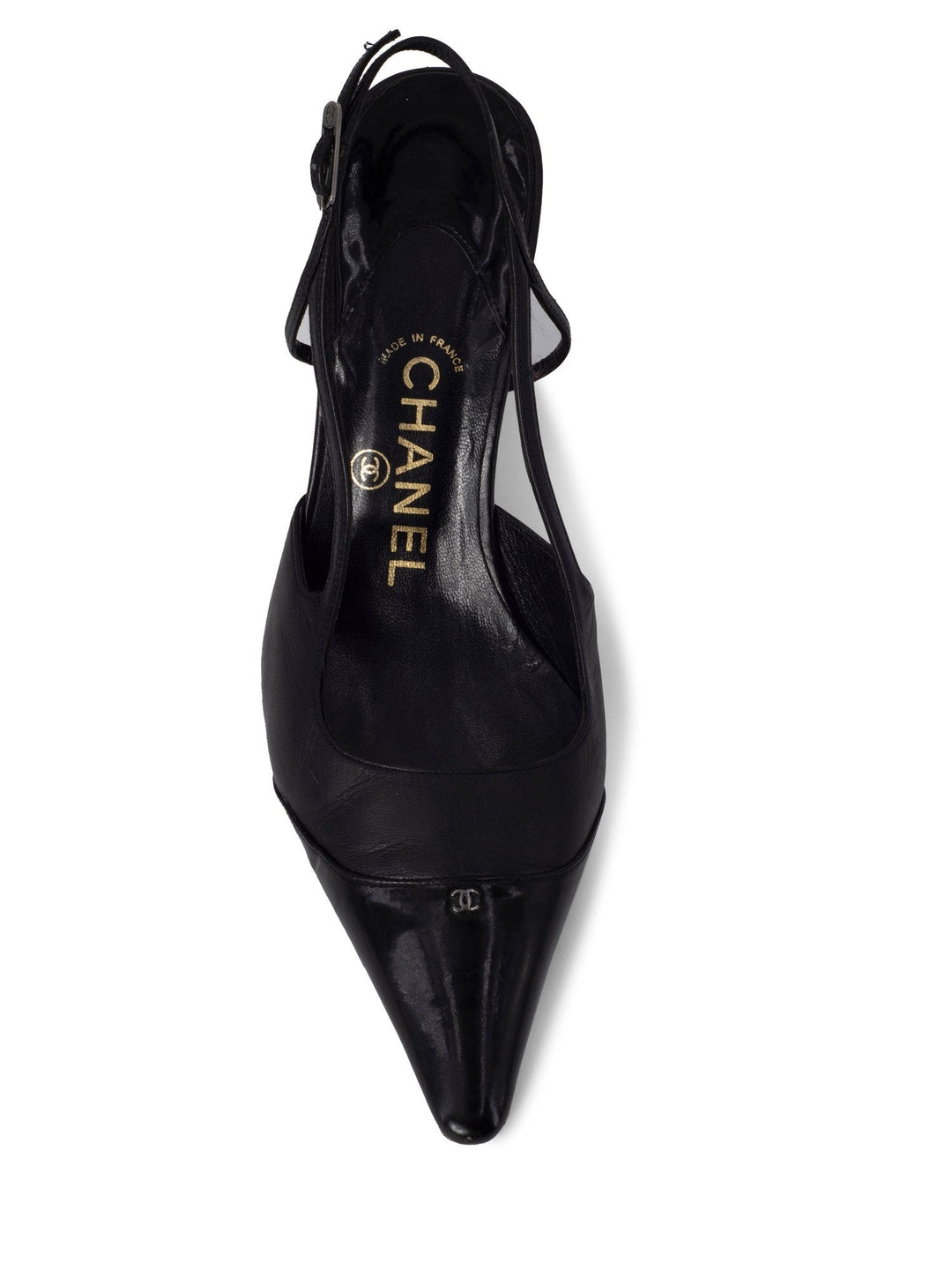 Top Quality Chanel Patent Leather CC Logo Cap Toe Sling Back Shoes Black