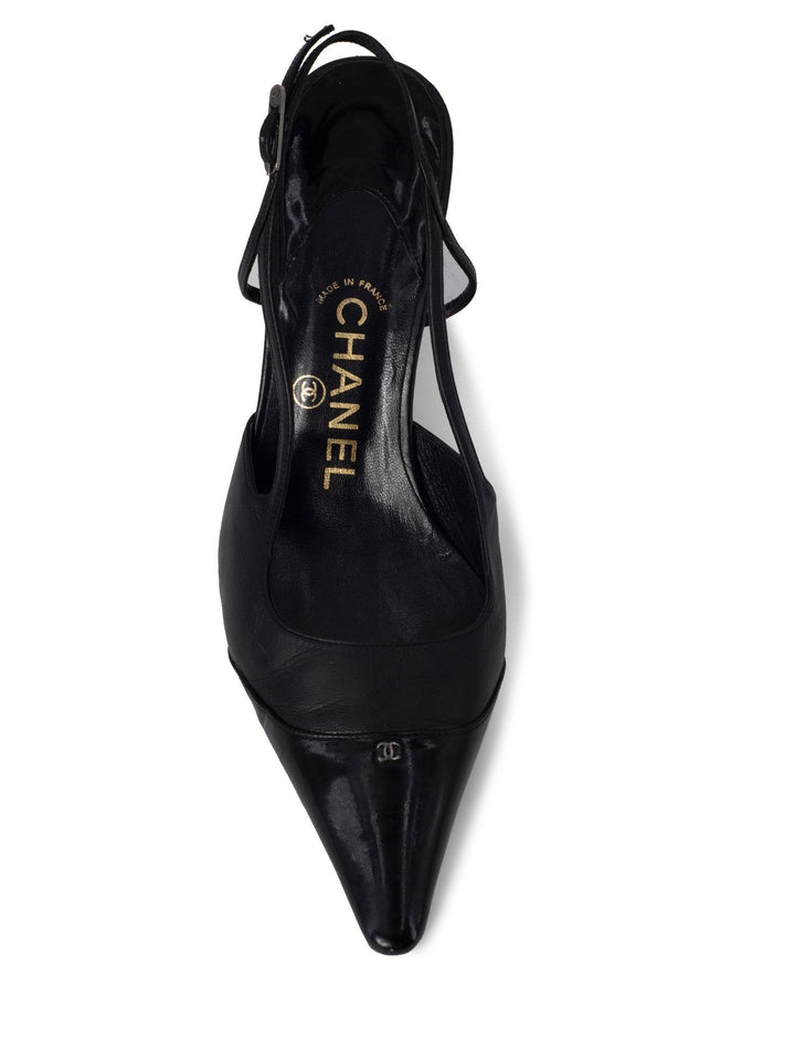 Top Quality Chanel Patent Leather CC Logo Cap Toe Sling Back Shoes Black
