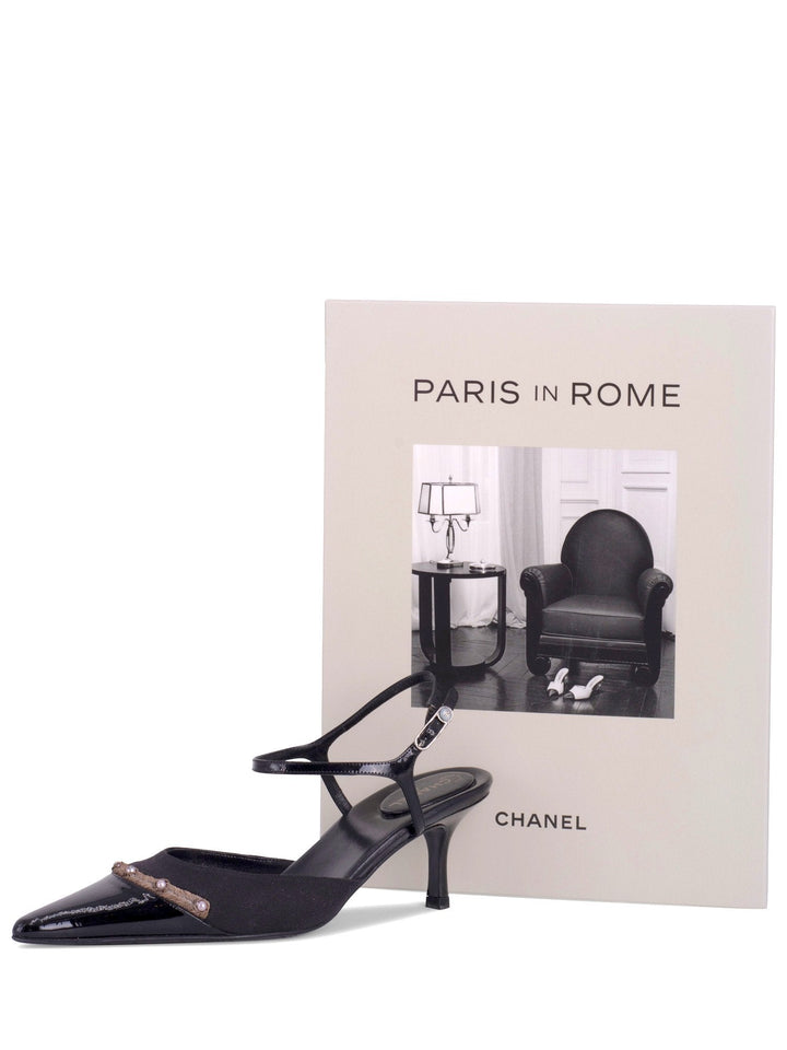Top Quality Chanel Patent Leather CC Logo Cap Toe Sling Back Shoes Black