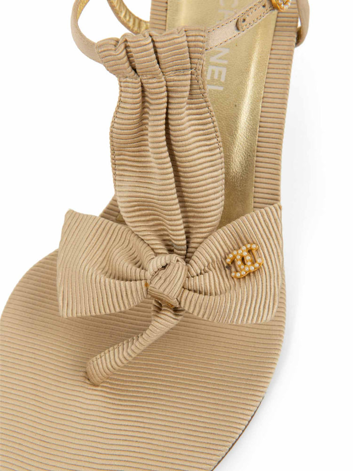 Top Quality Chanel Pearl CC Logo Bow Kitten Heel Sandals Beige Gold