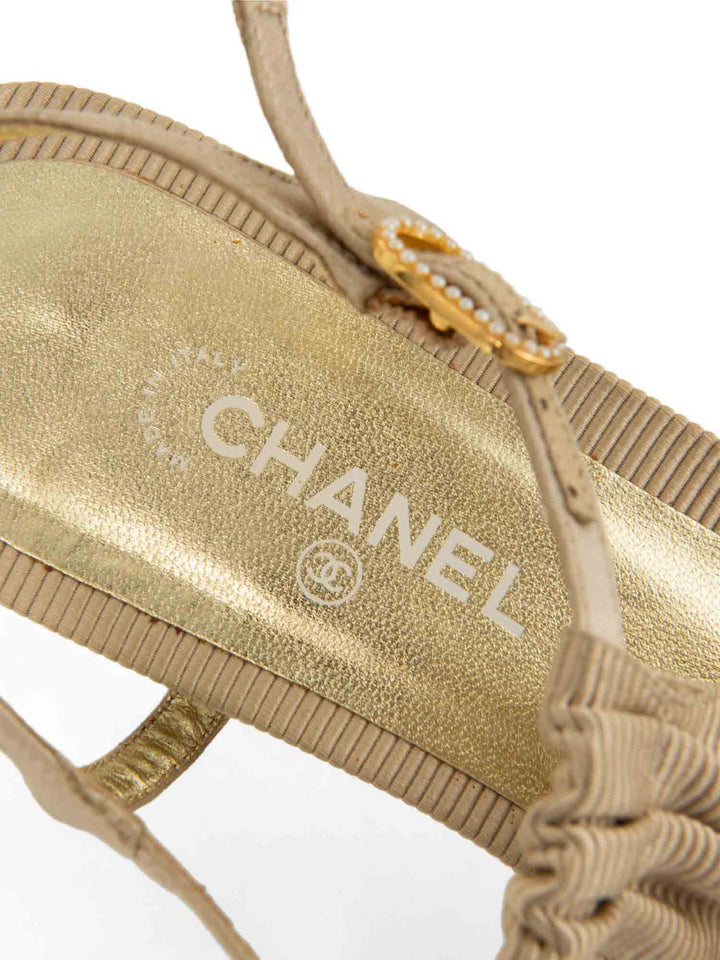 Top Quality Chanel Pearl CC Logo Bow Kitten Heel Sandals Beige Gold