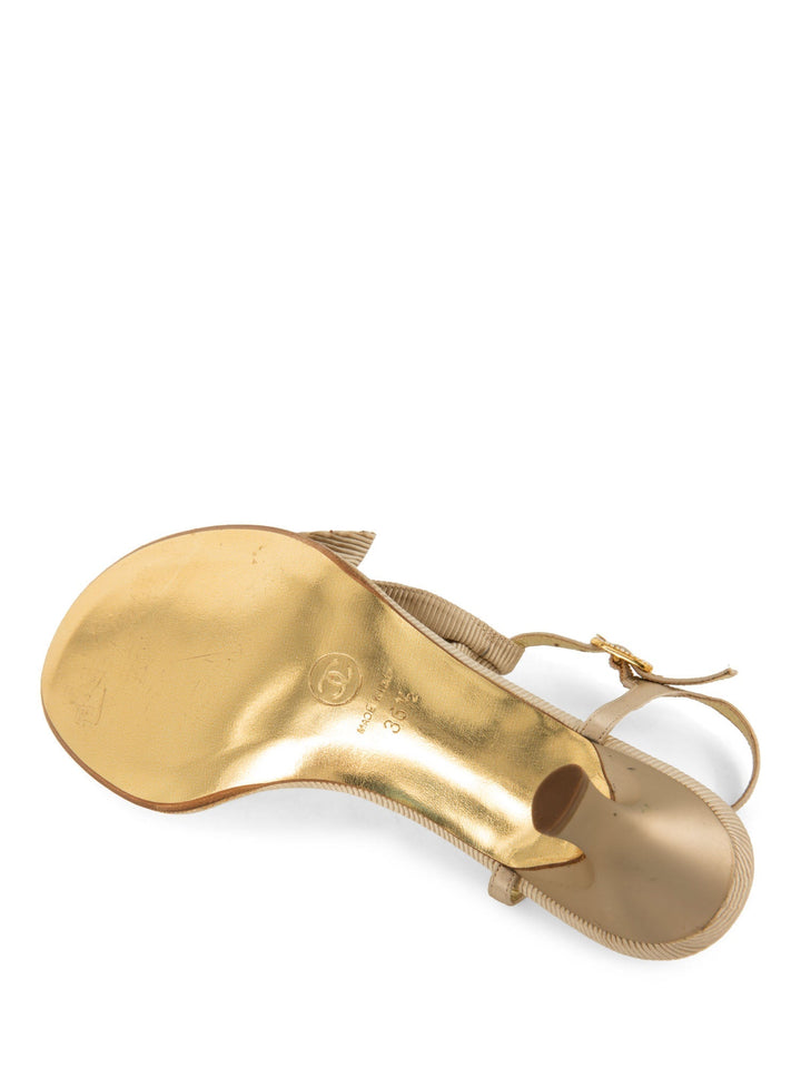 Top Quality Chanel Pearl CC Logo Bow Kitten Heel Sandals Beige Gold