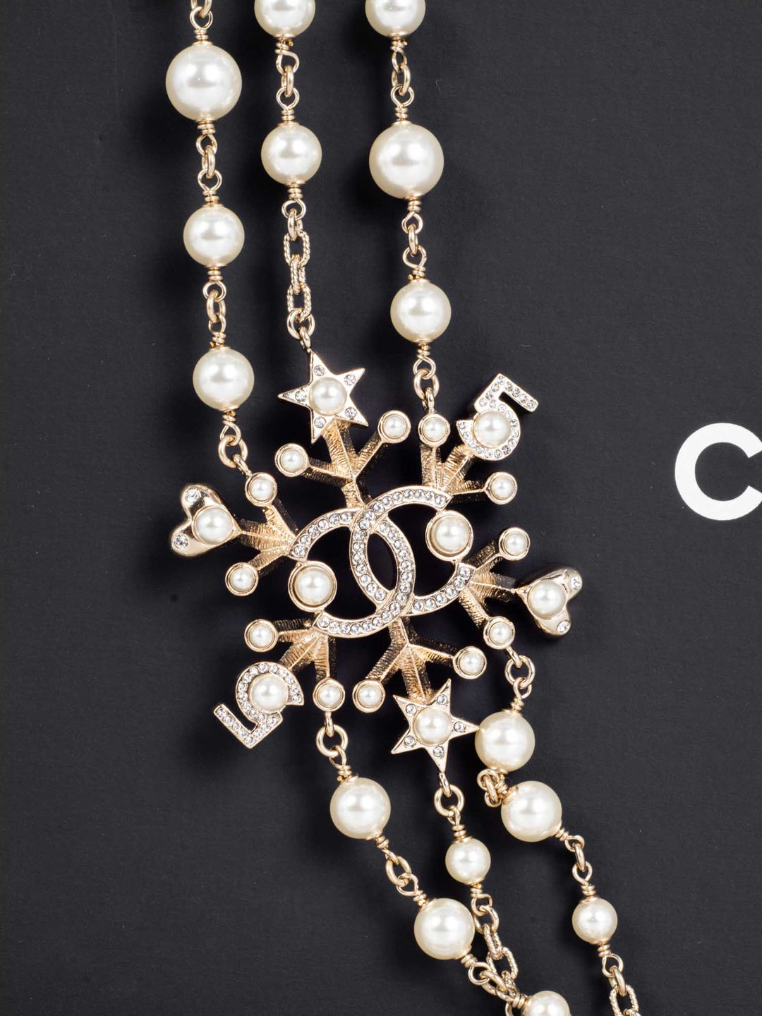 Top Quality Chanel Pearl Crystal CC Logo Long Necklace Gold