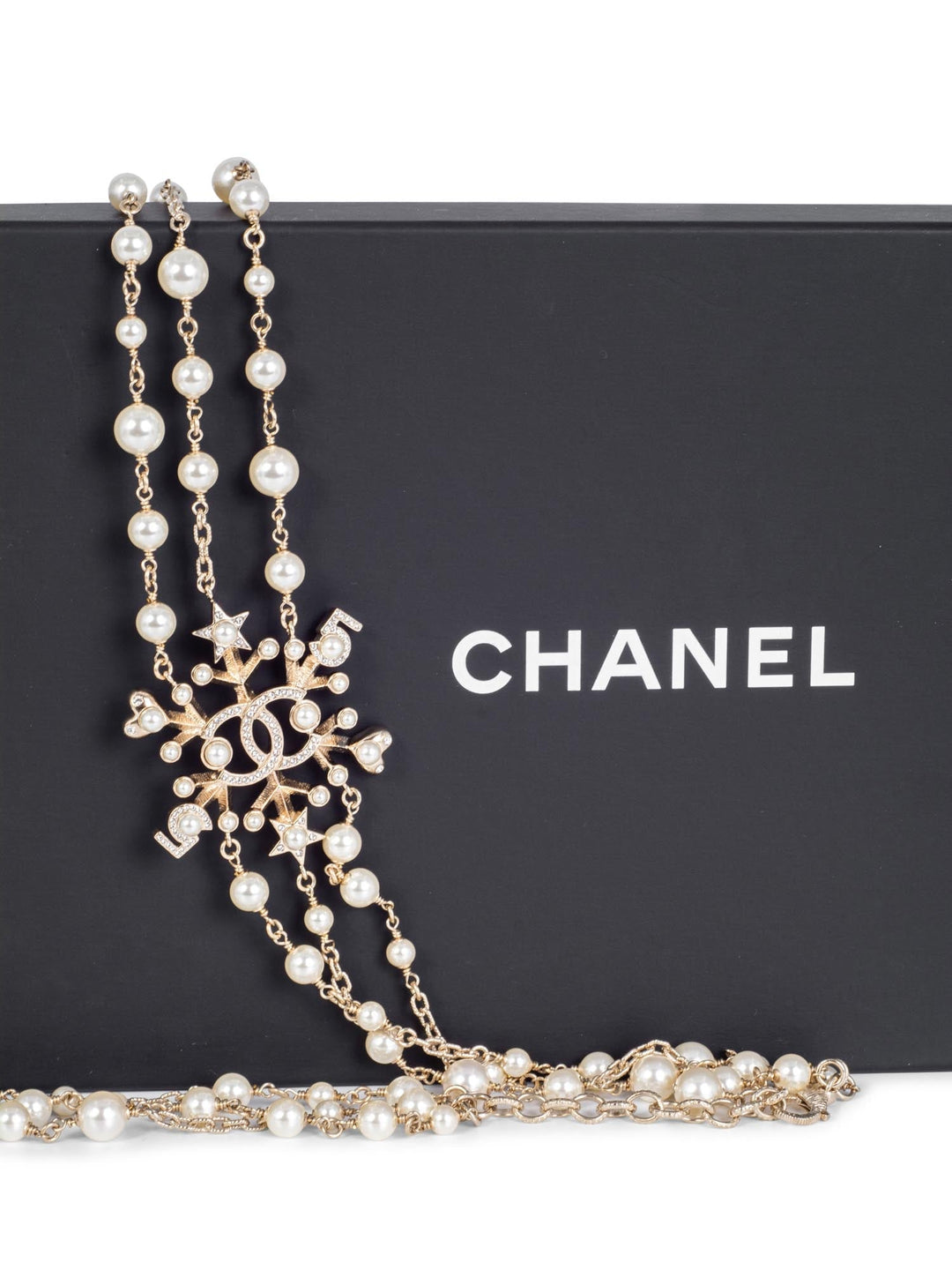 Top Quality Chanel Pearl Crystal CC Logo Long Necklace Gold