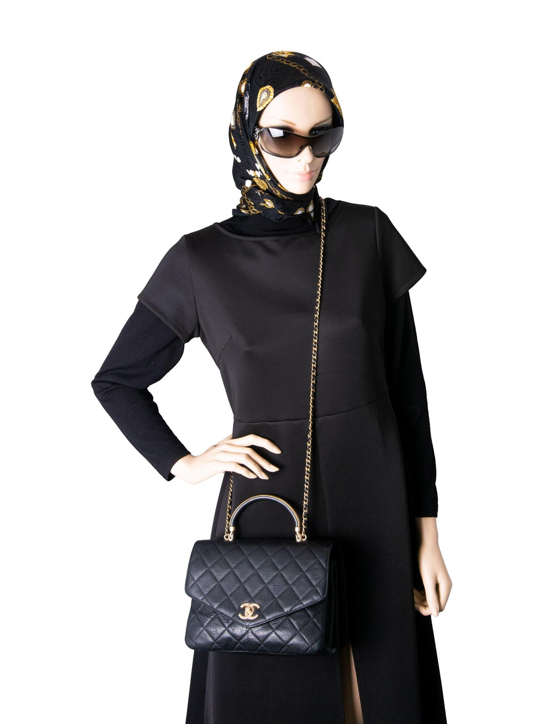 Top Quality Chanel Quilted Caviar Gold Top Handle Medium Flap Bag Black