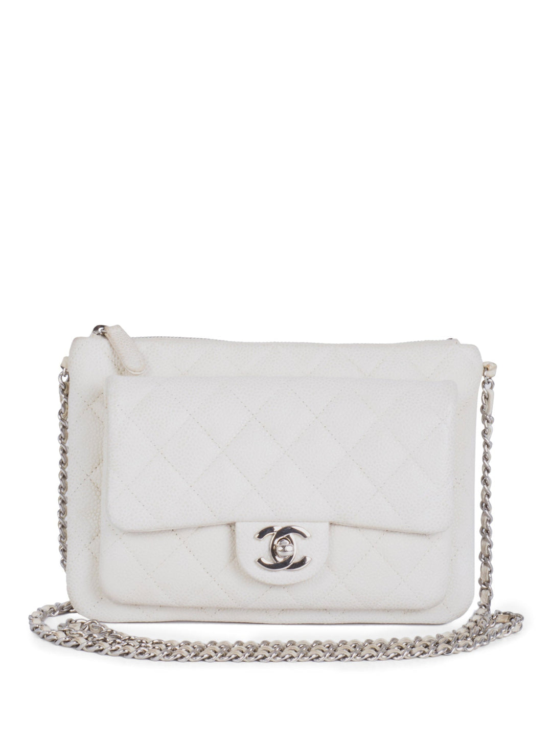 Top Quality Chanel Quilted Caviar Leather CC Logo Flap Messenger Bag  White Silver