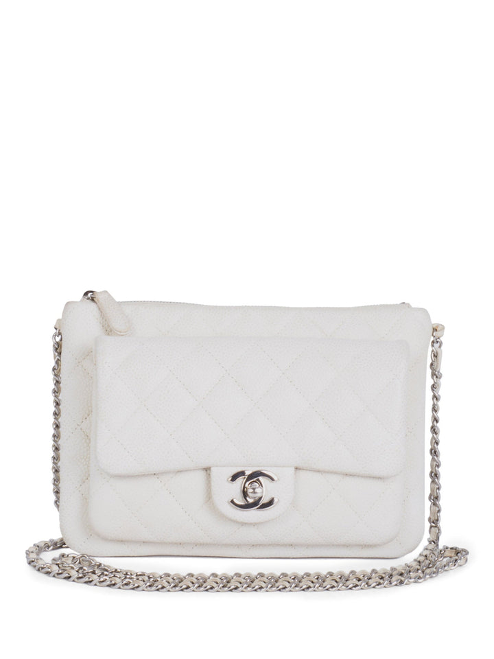 Top Quality Chanel Quilted Caviar Leather CC Logo Flap Messenger Bag  White Silver