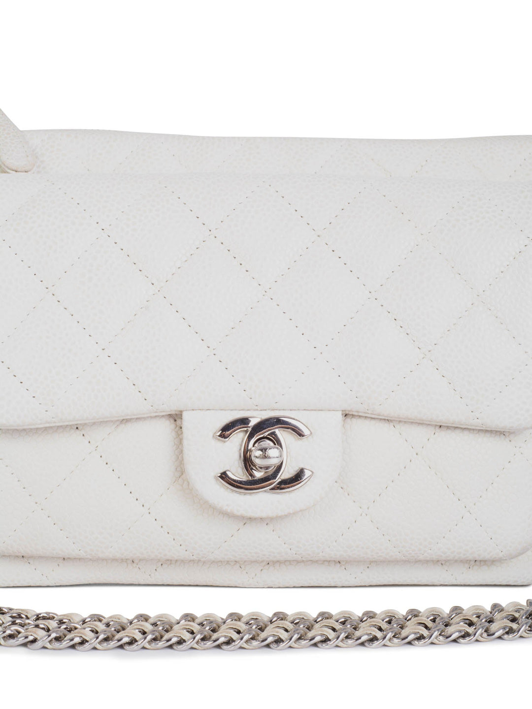 Top Quality Chanel Quilted Caviar Leather CC Logo Flap Messenger Bag  White Silver