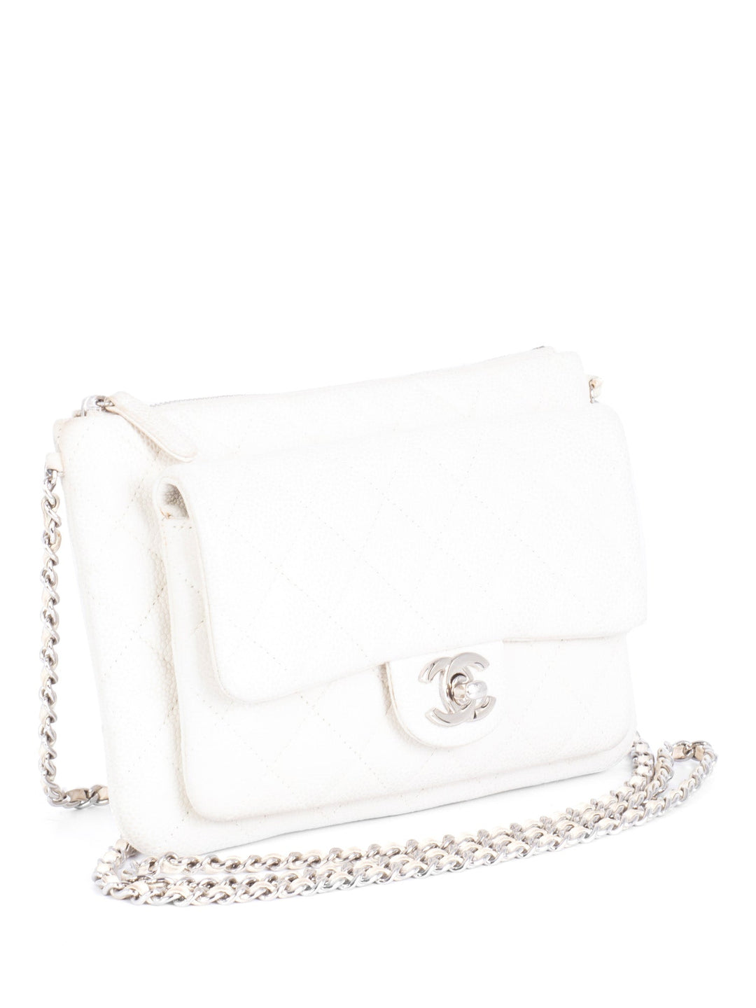 Top Quality Chanel Quilted Caviar Leather CC Logo Flap Messenger Bag  White Silver