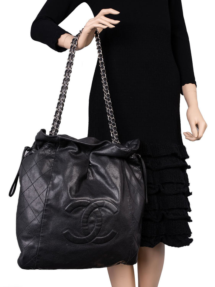 Top Quality Chanel Quilted Caviar Leather CC Logo Large Bag Black