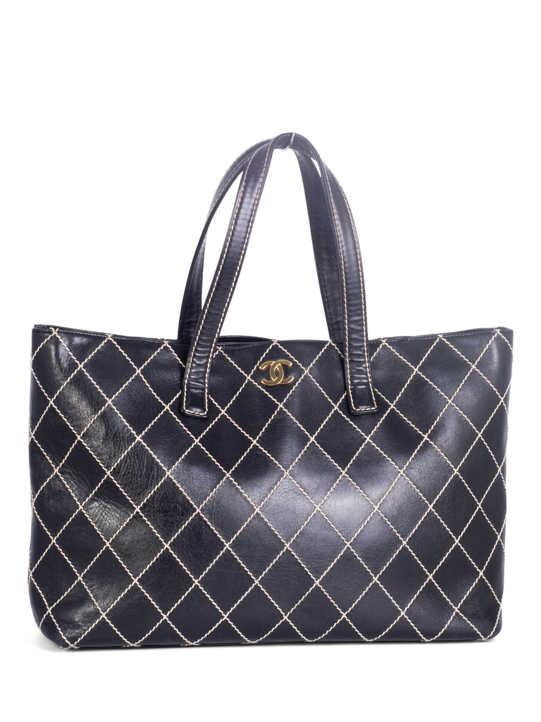 Top Quality Chanel Quilted Leather CC Logo Wild Stitch Shopper Bag Black