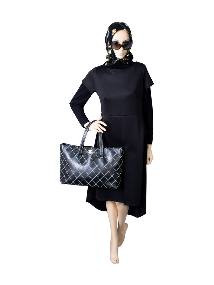 Top Quality Chanel Quilted Leather CC Logo Wild Stitch Shopper Bag Black