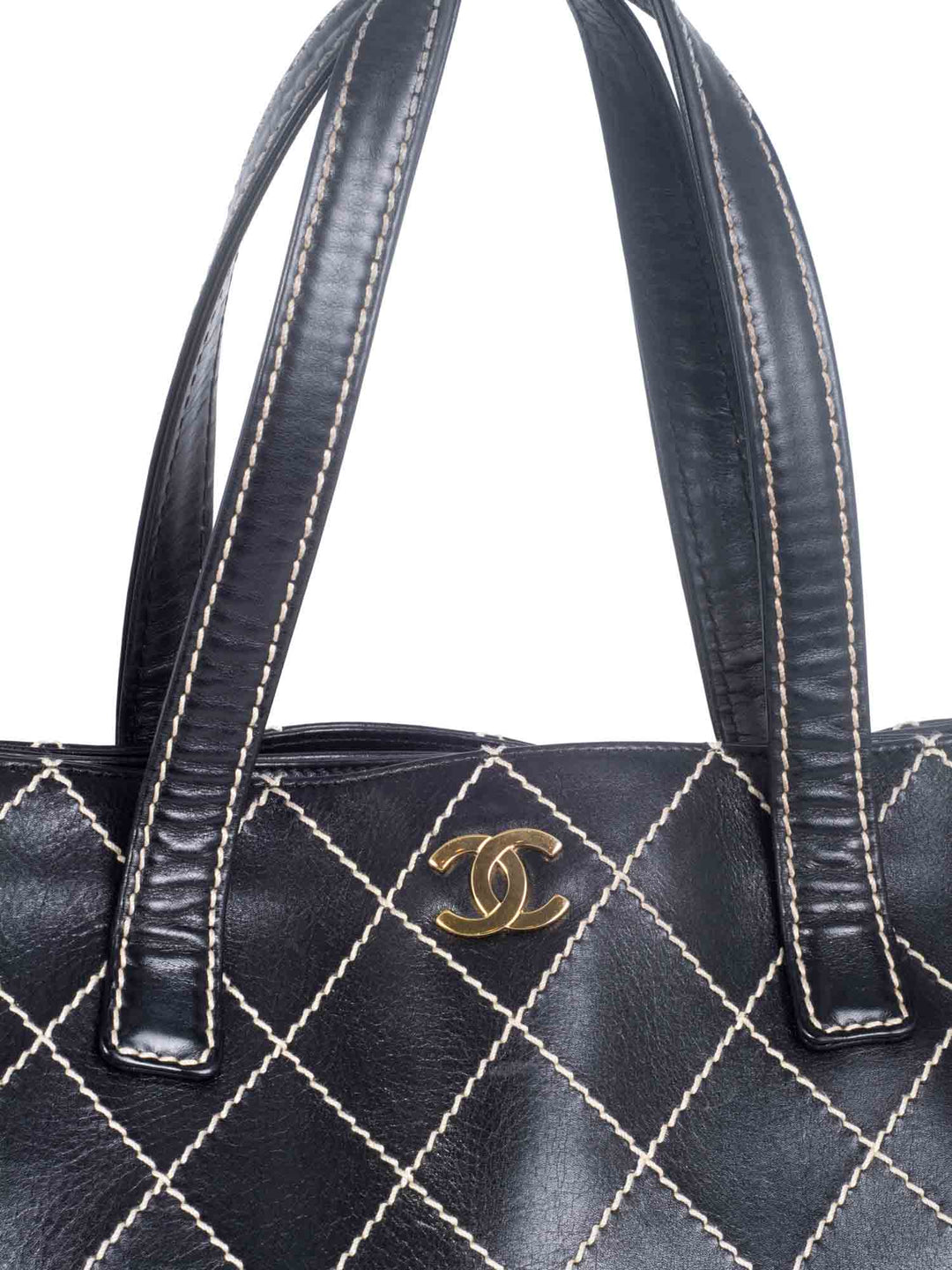 Top Quality Chanel Quilted Leather CC Logo Wild Stitch Shopper Bag Black