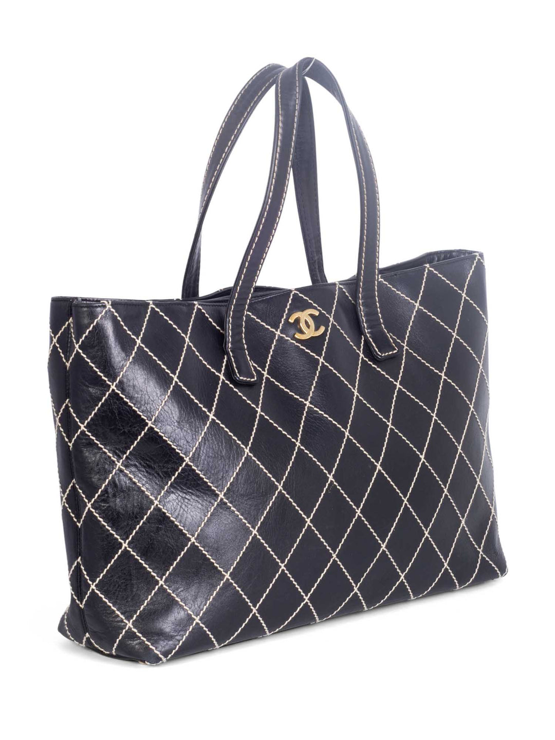 Top Quality Chanel Quilted Leather CC Logo Wild Stitch Shopper Bag Black