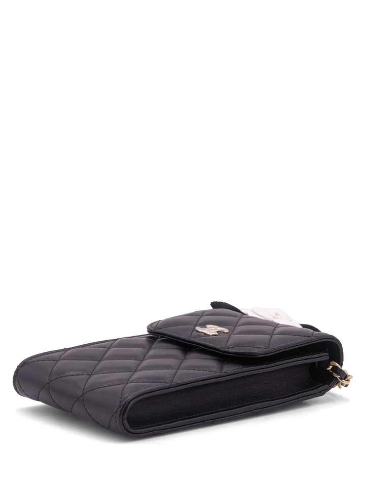 Top Quality Chanel Quilted Leather Camellia Phone Messenger Bag Black