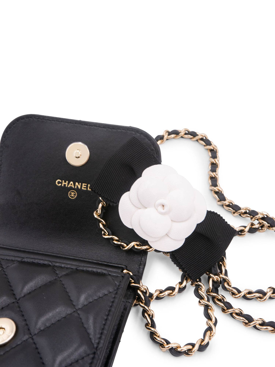 Top Quality Chanel Quilted Leather Camellia Phone Messenger Bag Black