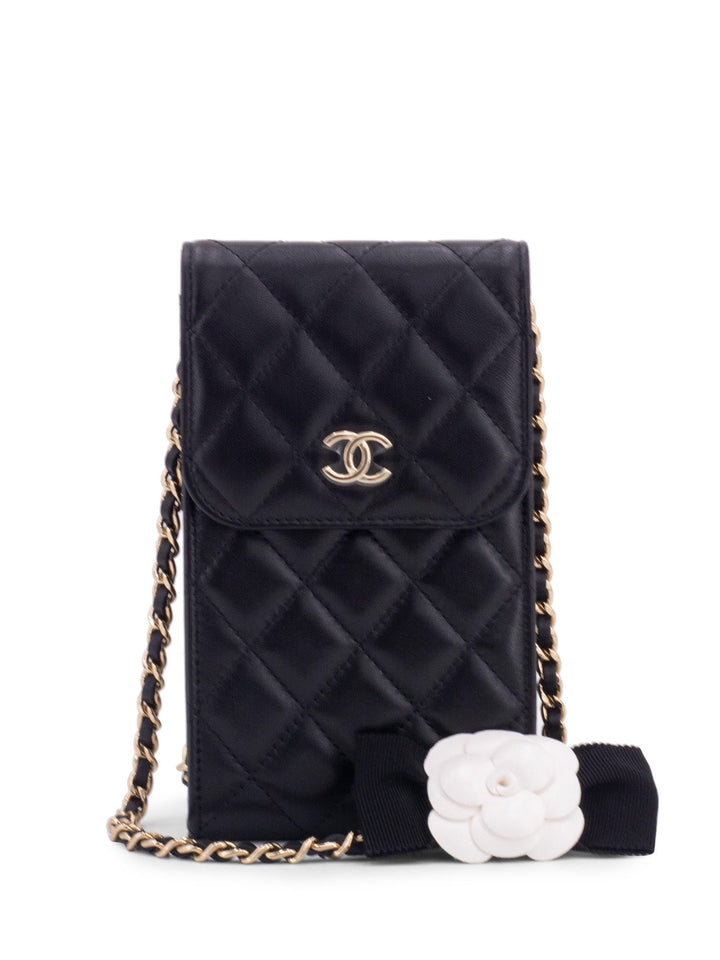 Top Quality Chanel Quilted Leather Camellia Phone Messenger Bag Black