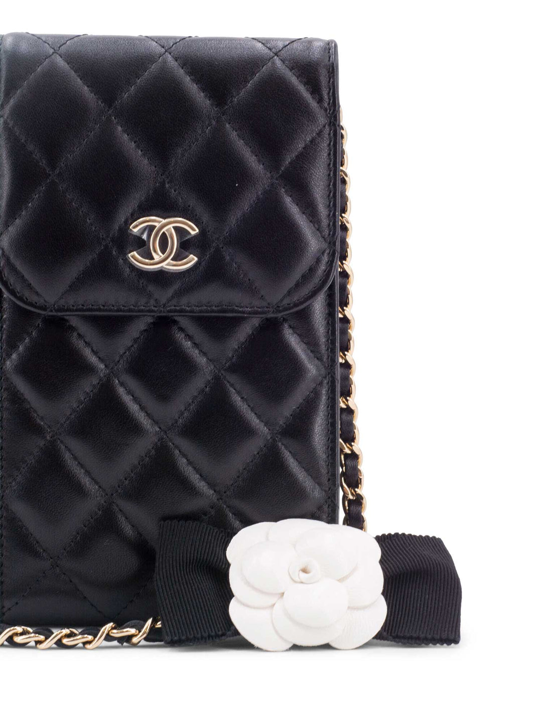 Top Quality Chanel Quilted Leather Camellia Phone Messenger Bag Black