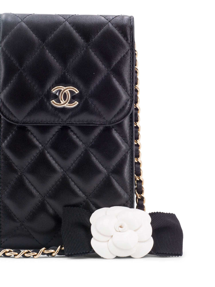 Top Quality Chanel Quilted Leather Camellia Phone Messenger Bag Black