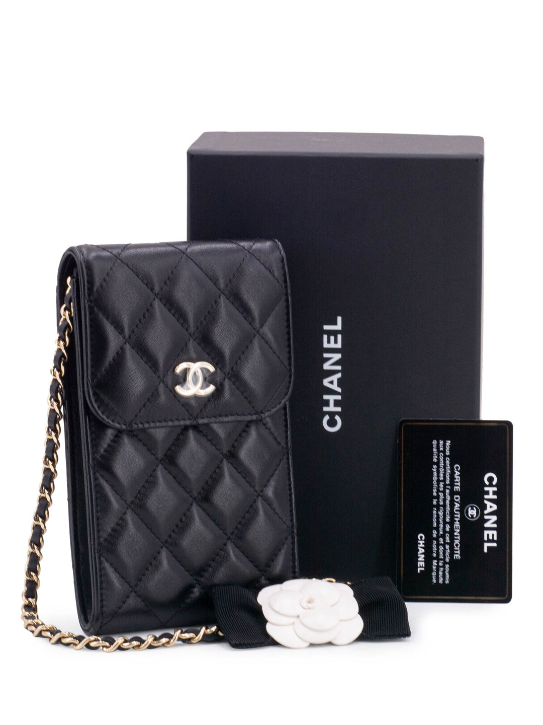 Top Quality Chanel Quilted Leather Camellia Phone Messenger Bag Black