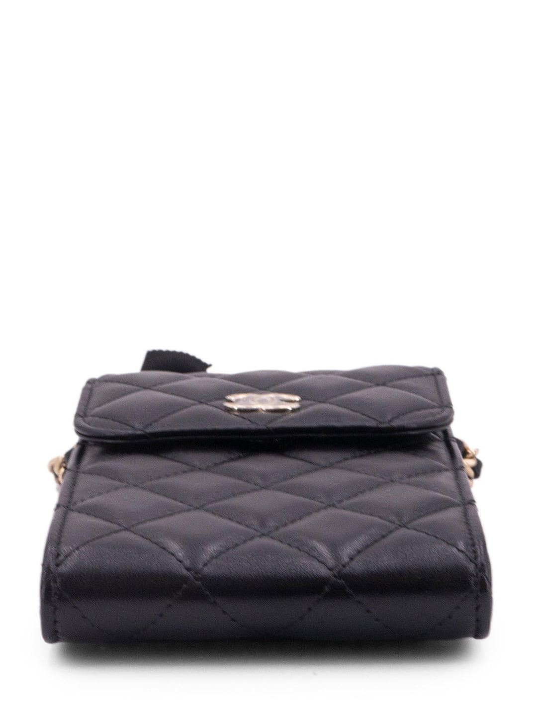 Top Quality Chanel Quilted Leather Camellia Phone Messenger Bag Black