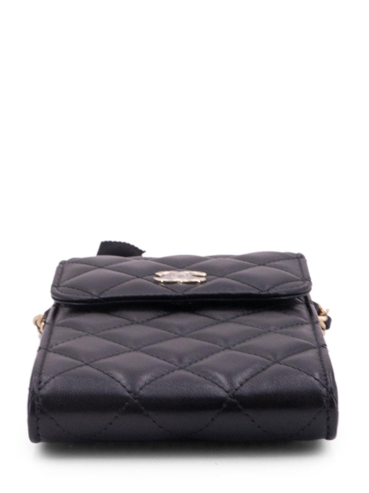 Top Quality Chanel Quilted Leather Camellia Phone Messenger Bag Black