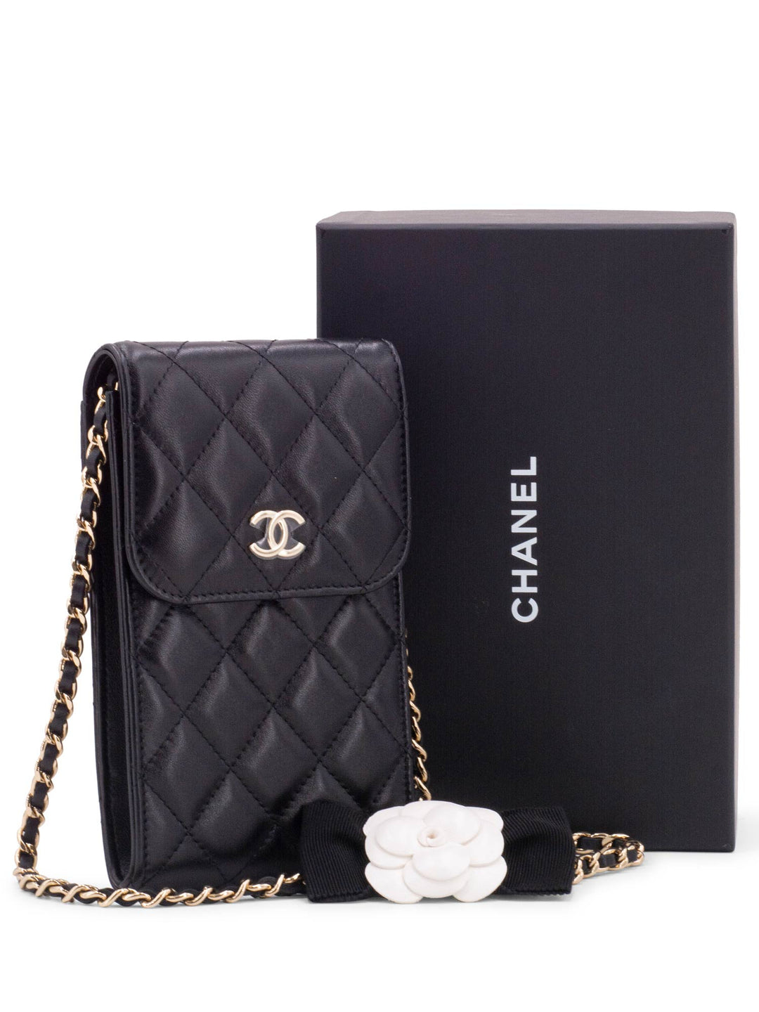 Top Quality Chanel Quilted Leather Camellia Phone Messenger Bag Black