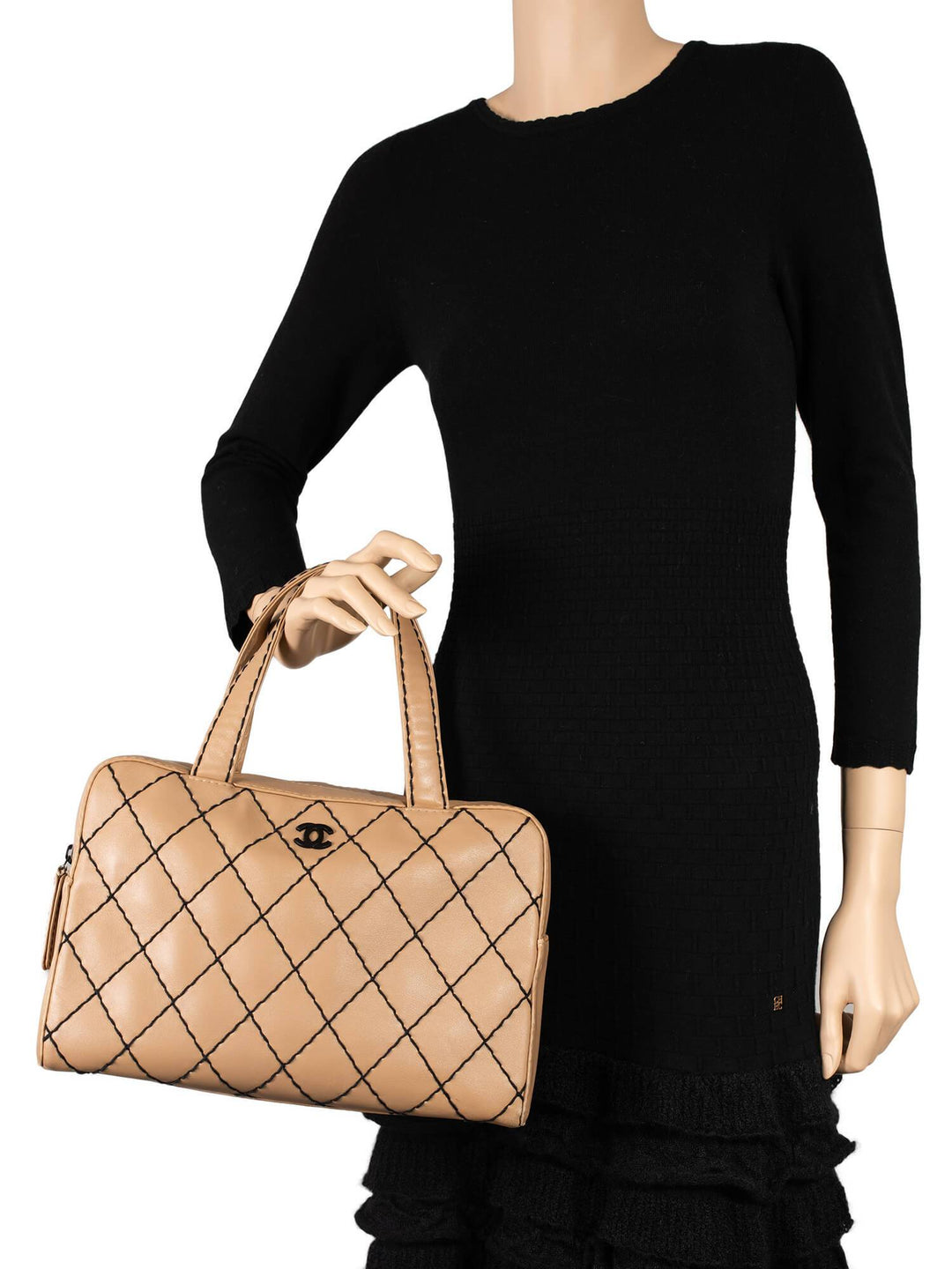 Top Quality Chanel Quilted Leather Surpique Bowler Bag Beige
