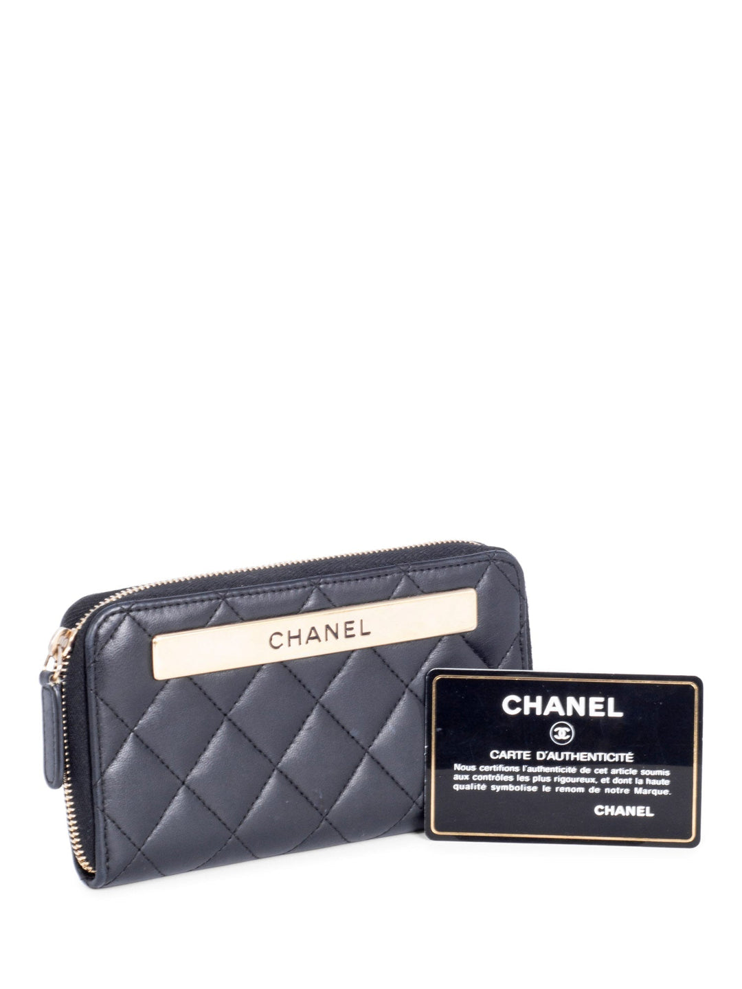 Top Quality Chanel Quilted Leather Trendy Plate Zip Around Wallet Black