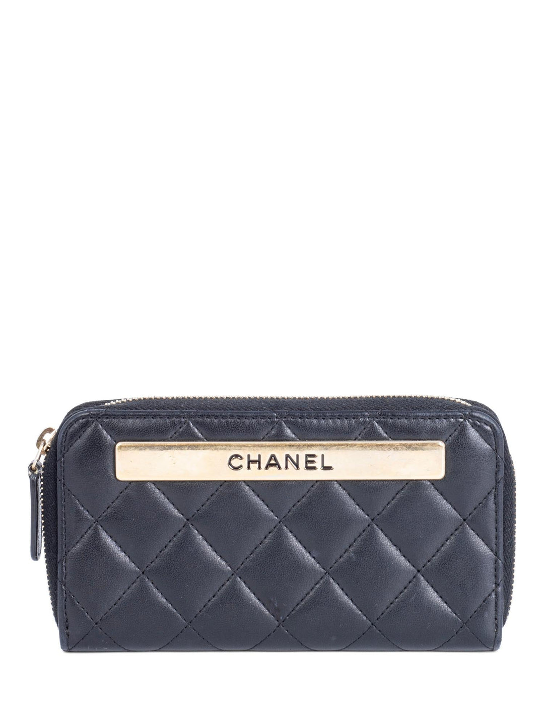 Top Quality Chanel Quilted Leather Trendy Plate Zip Around Wallet Black