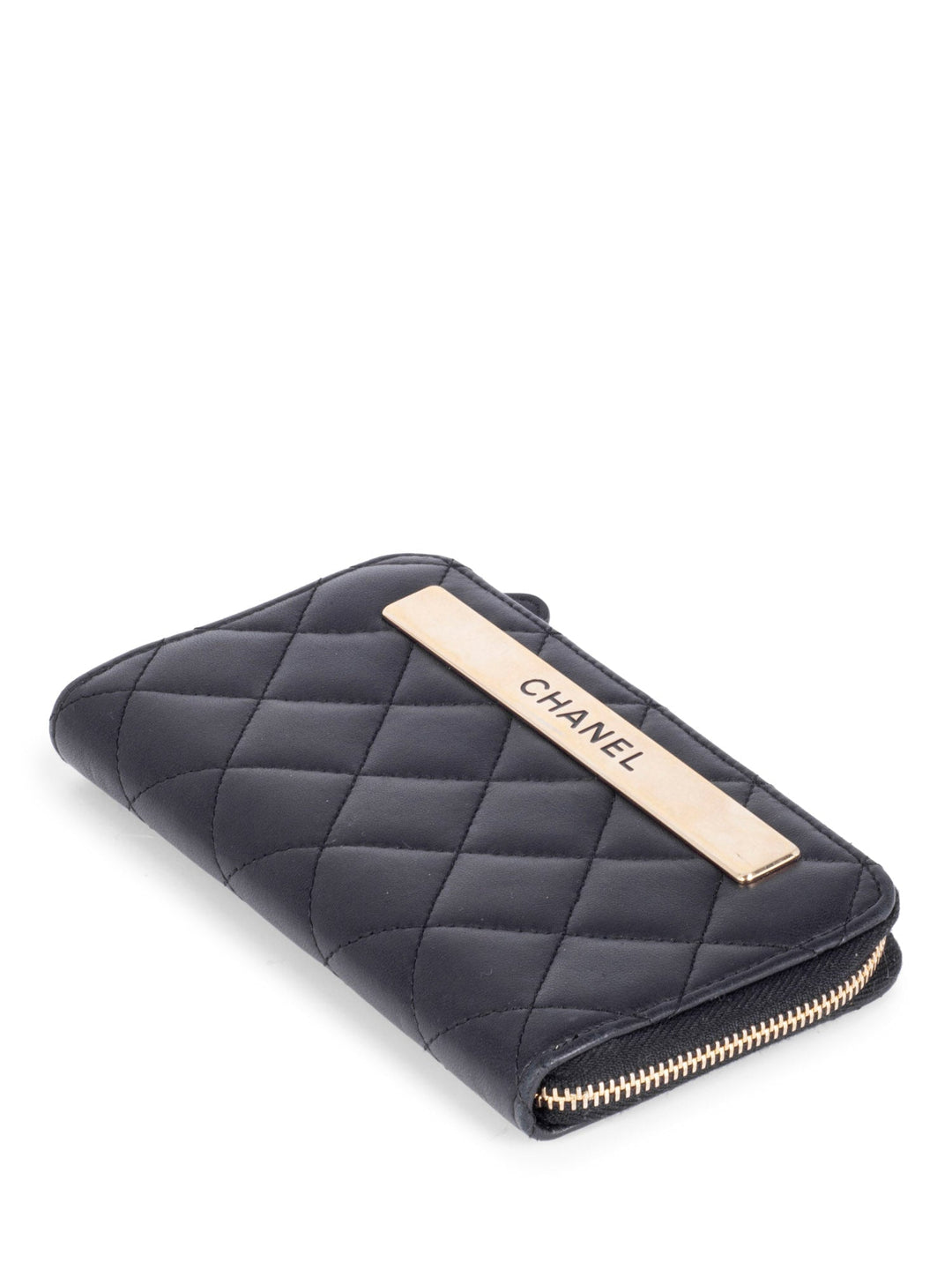 Top Quality Chanel Quilted Leather Trendy Plate Zip Around Wallet Black