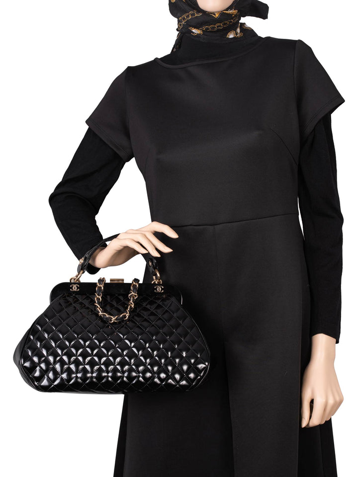 Top Quality Chanel Quilted Patent Leather CC Logo Top Handle Bag Black