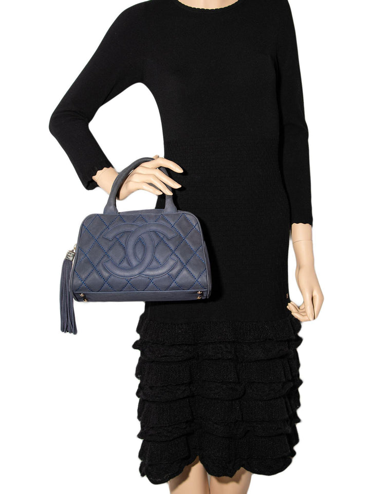 Top Quality Chanel Quilted Soft Caviar Leather Mini Tassel Bowling Bag Blue