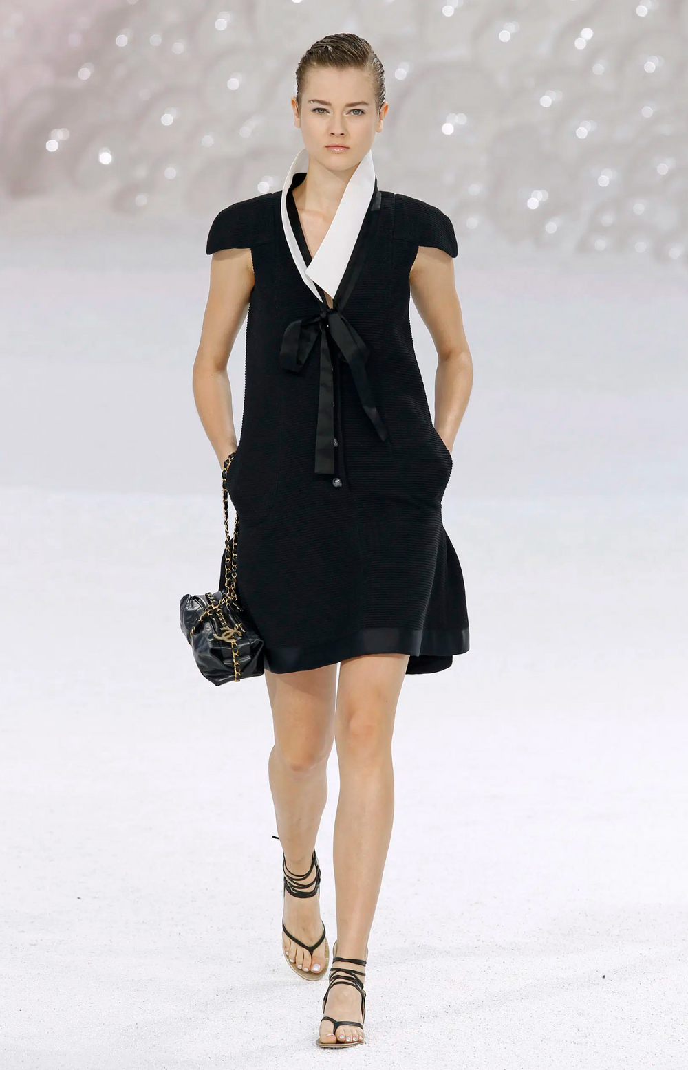 CHANEL Runway CC Logo White Collar Bow Mini Dress Black White-designer resale